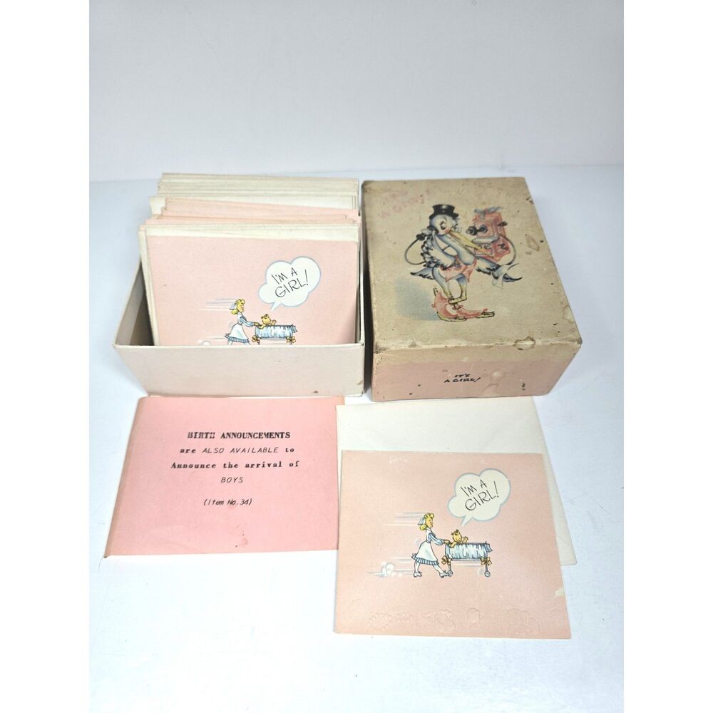 Vintage MCM I'm A Girl Birth Announcements Box Set 17 Cards Stork